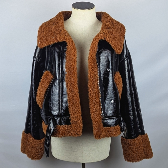 BLANK NYC Moto Jacket Vegan Patent Leather Faux Shearling Black Copper M NWT - Picture 5 of 14